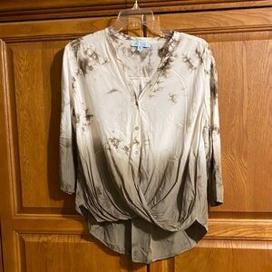 She + Sky Tie-Dye Wrap Blouse in Cream and Olive Green